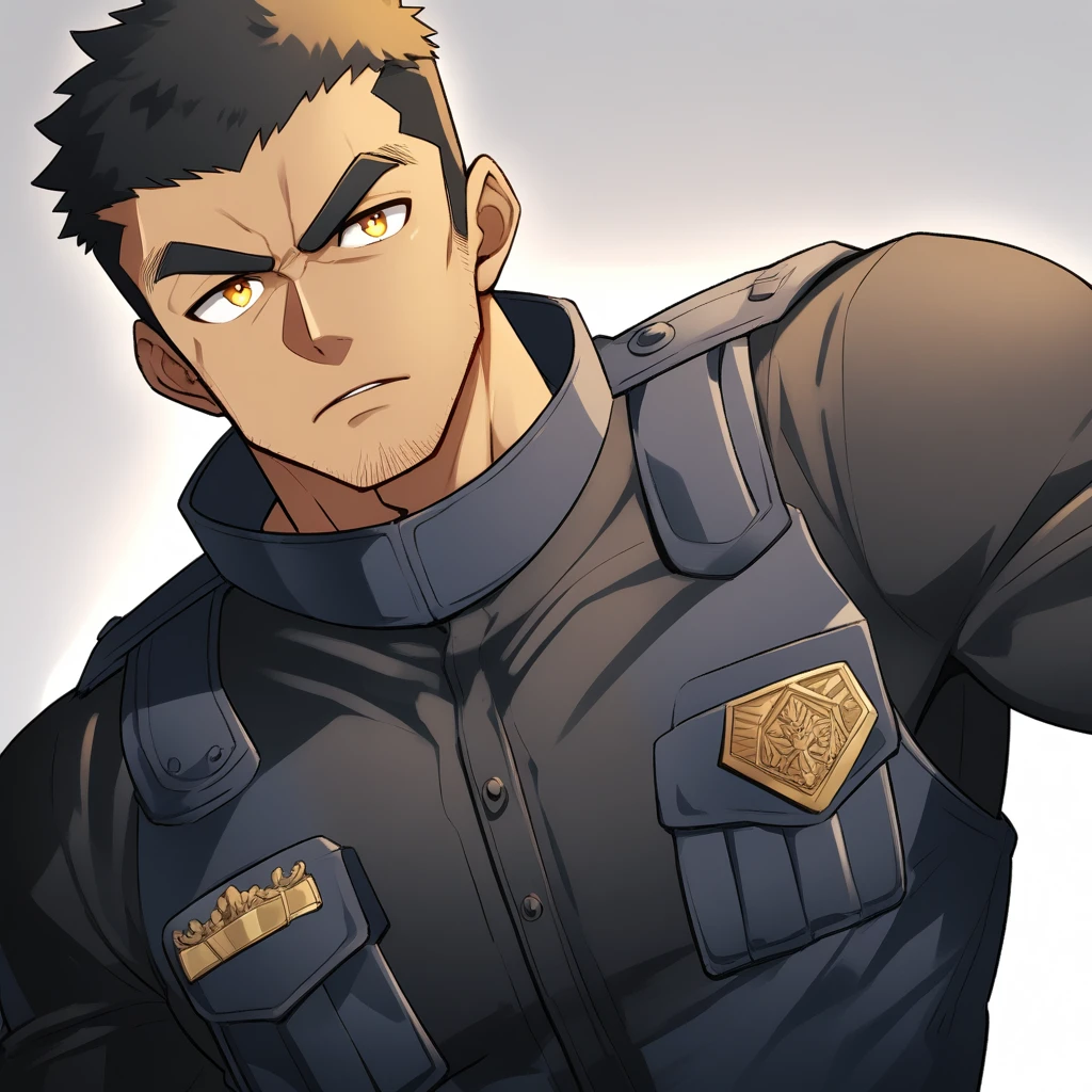 anime characters:Gyee, Muscular male police officer, negro black skin, Dark-skinned male police officer, Manliness, male focus, Dark Yellow Black Tight-fitting police uniform, Black tight T-shirt with a high collar, Very tight, Round, full and perky chest muscles, Slightly transparent, muscular male, muscular, only, Upper body, alone, Black short hair, Thick eyebrows, stubble, Yellow eyes, Grey background, simple background, amazing quality, best aesthetics, Ridiculous, bright pupils, crew cut, parted lips, v-shaped eyebrows, jitome, frown, best quality