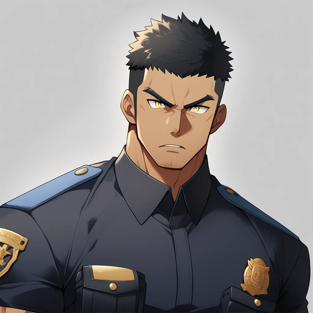 anime characters:Gyee, Muscular male police officer, negro black skin, Dark-skinned male police officer, Manliness, male focus, Dark Yellow Black Tight-fitting police uniform, Black tight T-shirt with a high collar, Very tight, Round, full and perky chest muscles, Slightly transparent, muscular male, muscular, only, Upper body, alone, Black short hair, Thick eyebrows, stubble, Yellow eyes, Grey background, simple background, amazing quality, best aesthetics, Ridiculous, bright pupils, crew cut, parted lips, v-shaped eyebrows, jitome, frown, best quality