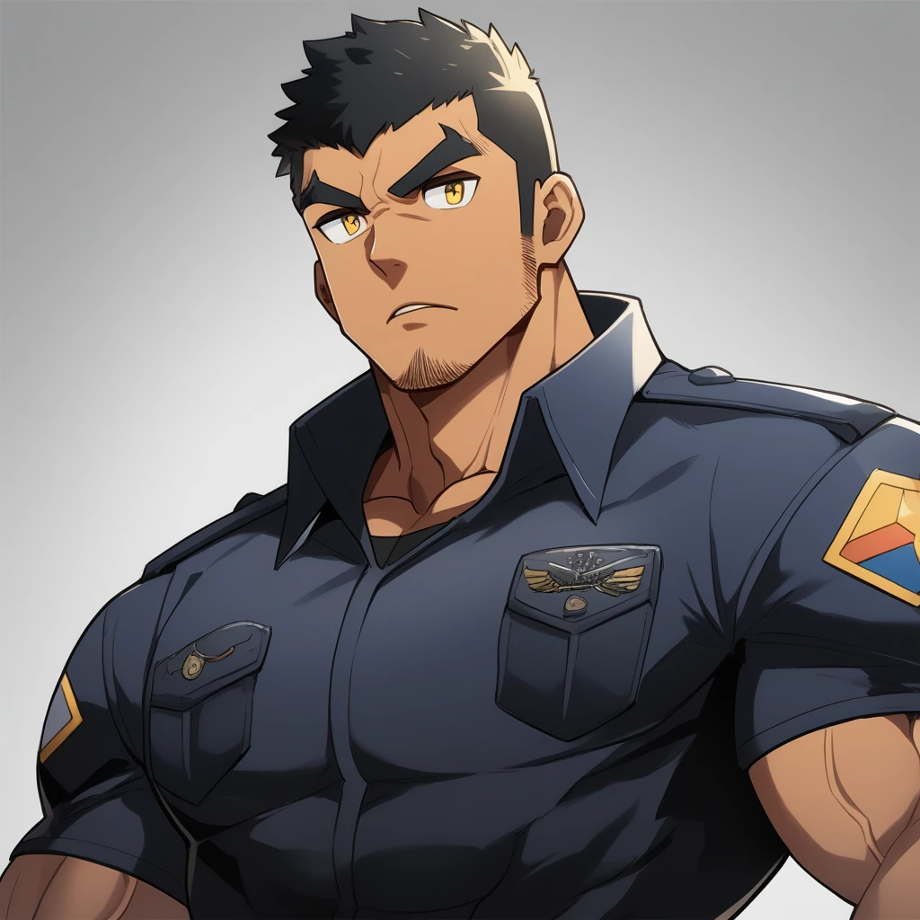 anime characters：Gyee, Muscular male police officer, negro black skin, Dark-skinned male police officer, Manliness, male focus, Dark Yellow Black Tight-fitting police uniform, Black tight T-shirt with a high collar, Very tight, Round, full and perky chest muscles, Slightly transparent, muscular male, muscular, only, Upper body, alone, Black short hair, Thick eyebrows, stubble, Yellow eyes, Grey background, simple background, amazing quality, best aesthetics, Ridiculous, bright pupils, crew cut, parted lips, v-shaped eyebrows, jitome, frown, best quality