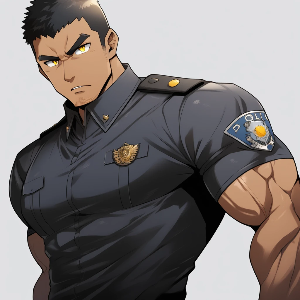 anime characters：Gyee, Muscular male police officer, negro black skin, Dark-skinned male police officer, Manliness, male focus, Dark Yellow Black Tight-fitting police uniform, Black tight T-shirt with a high collar, Very tight, Round, full and perky chest muscles, Slightly transparent, muscular male, muscular, only, Upper body, alone, Black short hair, Thick eyebrows, stubble, Yellow eyes, Grey background, simple background, amazing quality, best aesthetics, Ridiculous, bright pupils, crew cut, parted lips, v-shaped eyebrows, jitome, frown, best quality