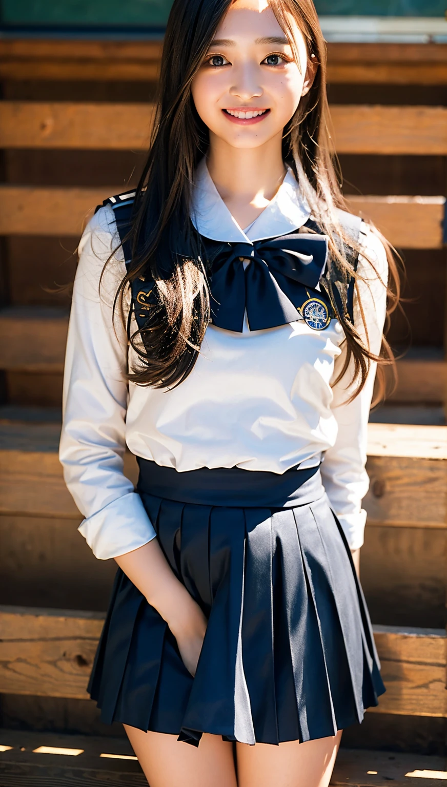 ((cowboy shot)),Ultra-high resolution,big eyes,((brown eyes)),Japanese,(forehead),(a girl),(1 girl),(()),(cute),pretty,((facing at viewer)),arms behind back,grin,((black school sailor uniform)),pleated skirt,thighs,classroom