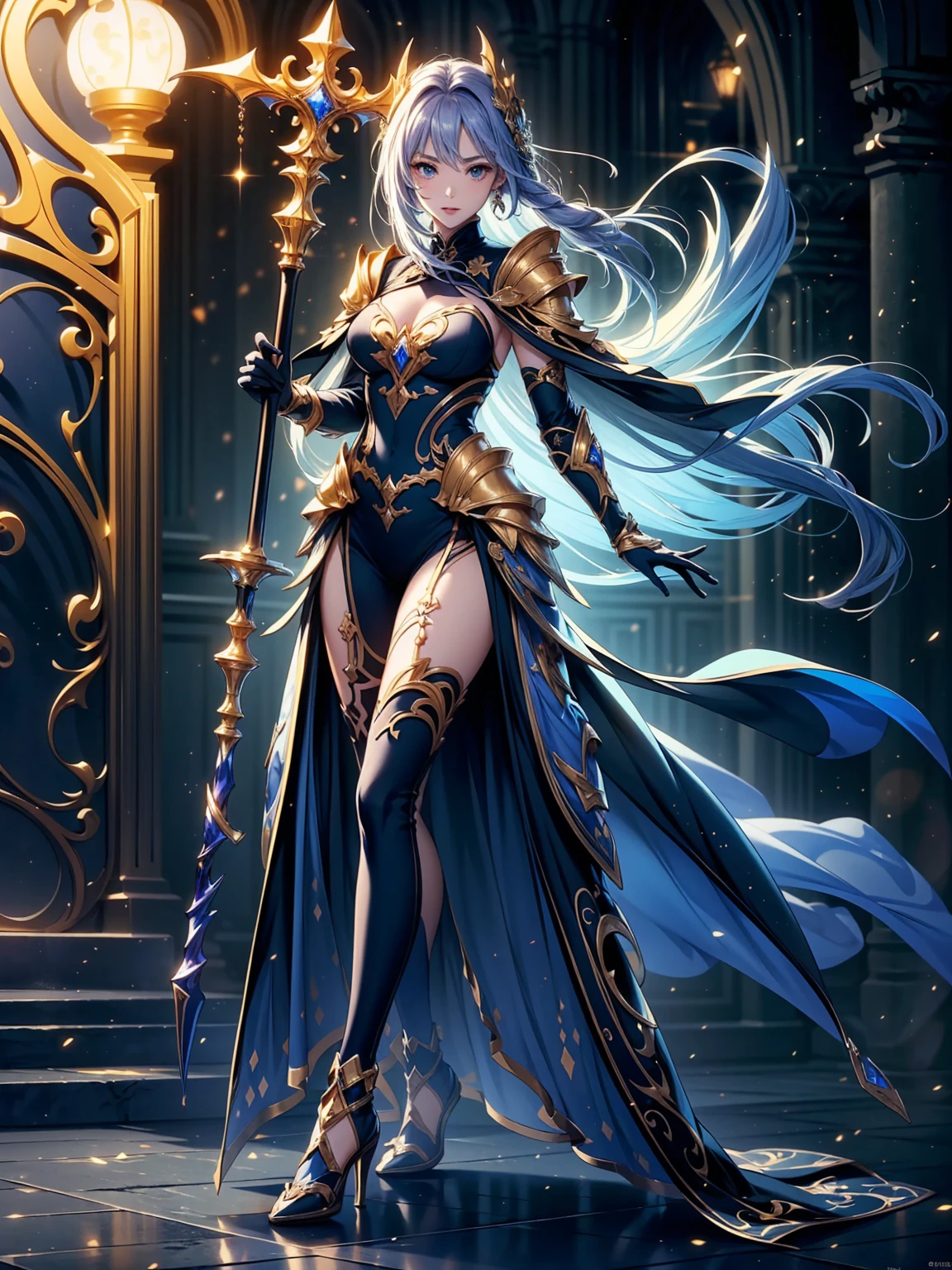 (((masterpiece, highest quality, 8k)))Design a layout showcase Gaming character, (1girl). Golden+Purple full armor body, stylish and unique. ((showcase weapon:1.4)), magic staff. (masterpiece:1.2), (best quality), 4k, ultra-detailed. (Step by step design, layout art:1.5), (luminous lighting, atmospheric lighting). magican, ((glove full hands)), (((revealing clothes:1.3))), vambraces, armored legwear, (((full_body_shot:1.4))). [Happy:0.5], [Determined:0.5], right-facing.