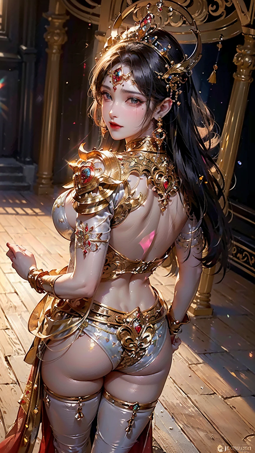 (A beautiful queen Goddesses, plain background, photoshoot, detailed face, athletic , navel,cute dress), (Photorealsitic:1.4), Raw , Sharp Re, Nikon D850 Film, Stock Photo , F1.6 Lenses Rich Colors ,Hyper Realistic, Life Like Textures, Dramatic Lighting ,Unreal Engine , ((Super Realistic Details))、Global Illumination, Shadows, Octane Rendering, 8K, Ultrasharp, Highly Detailed, Realistic Light, Ink Color Art, Ink Sketch Art, thong strings ((huge perky breasts, deep cleavage 1.8, thick thighs)) smiling , ((red colour diamond studded magnificent embroidered dress, armored plates, ))((lots of jewelleries, 3 long necklace, earrings, waist chain, pearl chains)) ((oily skin, oily body, shiny skin))woman, , , , ((hands on waist)) ( , huge magnificent, palace background))((netted queen deess)((, )) seductive smile, red lips, huge decorative palace hall, ((standing, looking back, backside, POV from back, thick thighs))