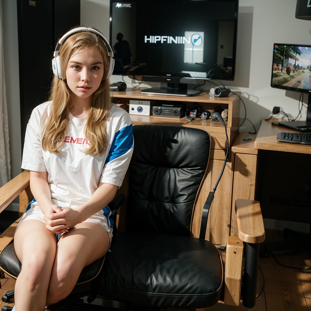 young blonde of 22 years, sitting in a gaming chair, gaming headphones with microphone, hyperrealistic