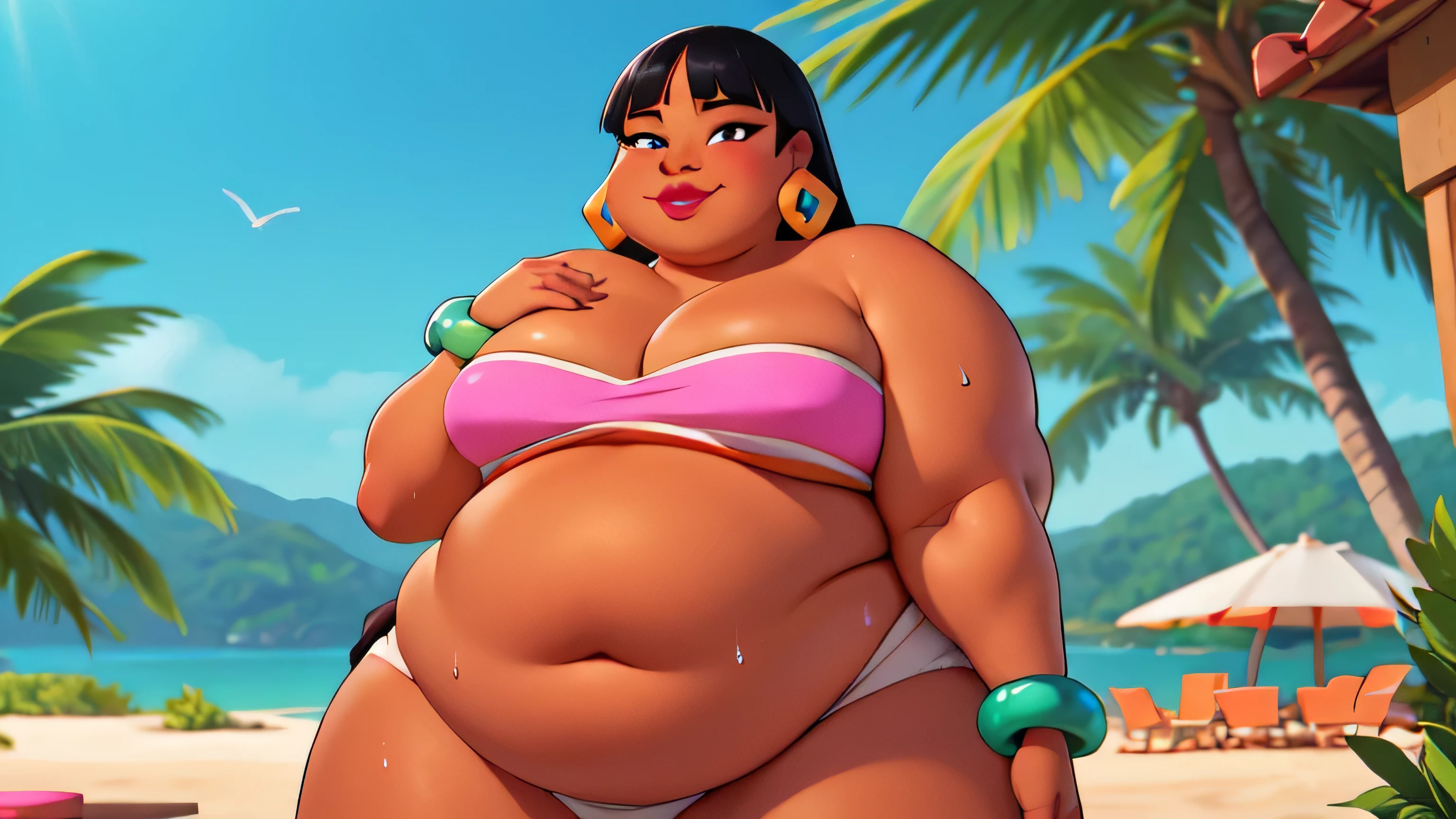 (work of art:1.2, best qualityer:1.2), soft ambient lighting, perfect lighting, 1 girl, standing alone, Chel, Bblack hair, long hair, rhombus stripe, eyes browns, darkskin, lipstick,  big, Broad Hips, top of the tube, neckleace, bared shoulders, emerald earrings, emerald bracelets, looking at the camera with a smug expression on his face, beach background, very large body, fat belly rolls, big bresmile, fat ar thunder thighs, super fat, looking at viewer, wet clothes, sweating very hard, sexy looking, blob, bthtaking
