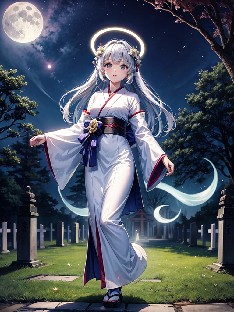 Highest quality,Highest Resolution,Cemetery at night,Ghost Girl,Japan,Lots of ghosts,Shrine maiden costume,full moon,Halo,