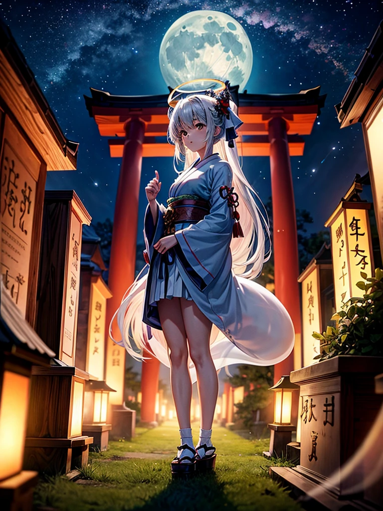 Highest quality,Highest Resolution,Cemetery at night,Ghost Girl,Japan,Lots of ghosts,Shrine maiden costume,full moon,Halo,