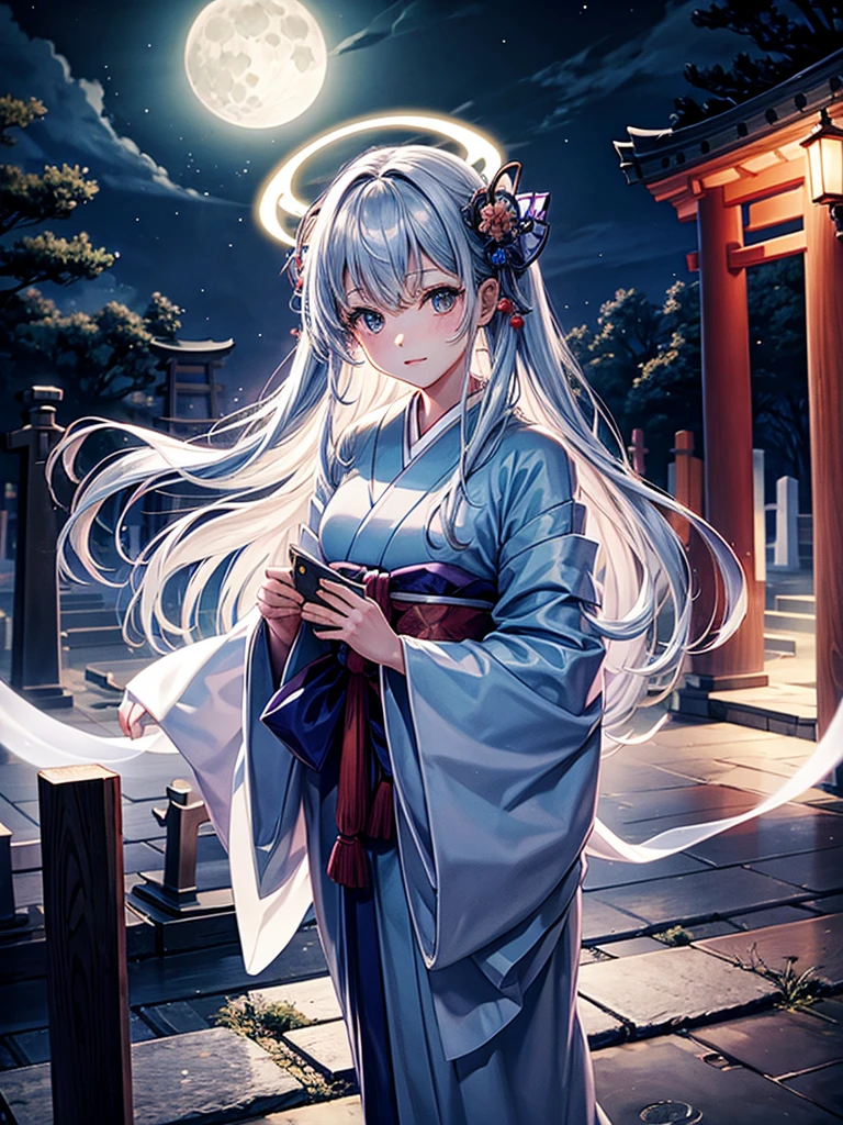 Highest quality,Highest Resolution,Cemetery at night,Ghost Girl,Japan,Lots of ghosts,Shrine maiden costume,full moon,Halo,