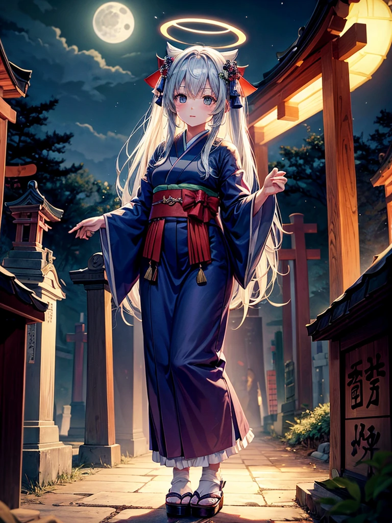 Highest quality,Highest Resolution,Cemetery at night,Ghost Girl,Japan,Lots of ghosts,Shrine maiden costume,full moon,Halo,