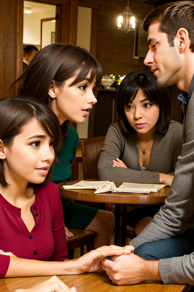3 anxious people exchanging secrets at a table