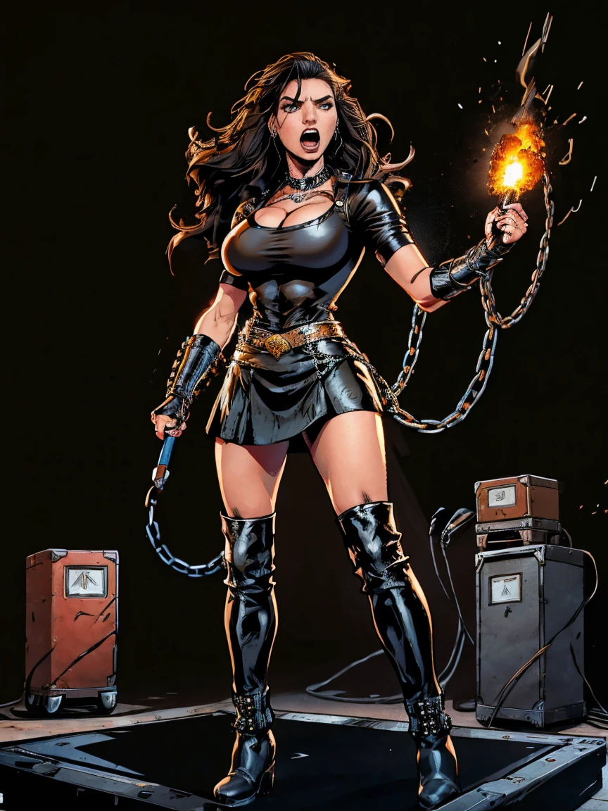 Extremely busty thin and toned brunette death metal singer, college girl, fair skin, big hair, hair pulled back, soft face, athletic, heavy makeup, piercings, black leather, studs, tight black top, boots, fingerless gloves, tight skirt, chains. standing on a stage, pyrotechnics, holding a microphone, metal concert. (microphone, fist in the sky), angry, rage, screaming. Heavy metal. Death metal. Explosions, fire.