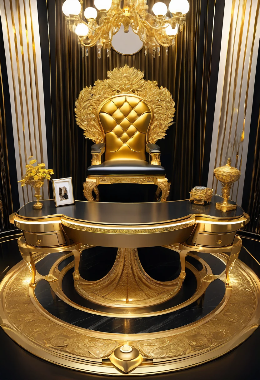 best quality, 2.5D, delicate and dynamic depiction, flashy, luxurious and tasteless president's chair, power, money-grubber, pure gold desk and chair, pure gold room interior, pure gold furniture, pure gold ornaments