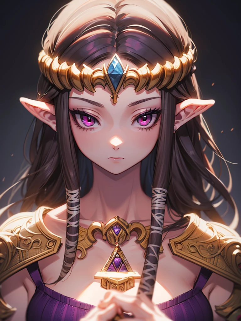((Expressionless)),Close-up of costumed woman holding sword, Princess Zelda, portrait of Princess Zelda, Zelda Twilight Princess, Twilight Princess, Zelda, portrait of Zelda, from legend of zelda, , lady pink, Zelda with triforce, pink, hyrule, Elf Princess,((Purple Eyes))