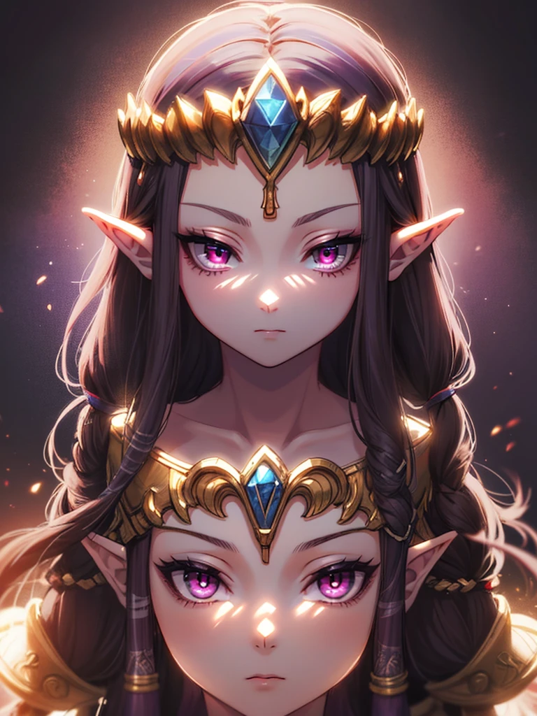 ((Expressionless)),Close-up of costumed woman holding sword, Princess Zelda, portrait of Princess Zelda, Zelda Twilight Princess, Twilight Princess, Zelda, portrait of Zelda, from legend of zelda, , lady pink, Zelda with triforce, pink, hyrule, Elf Princess,((Purple Eyes))