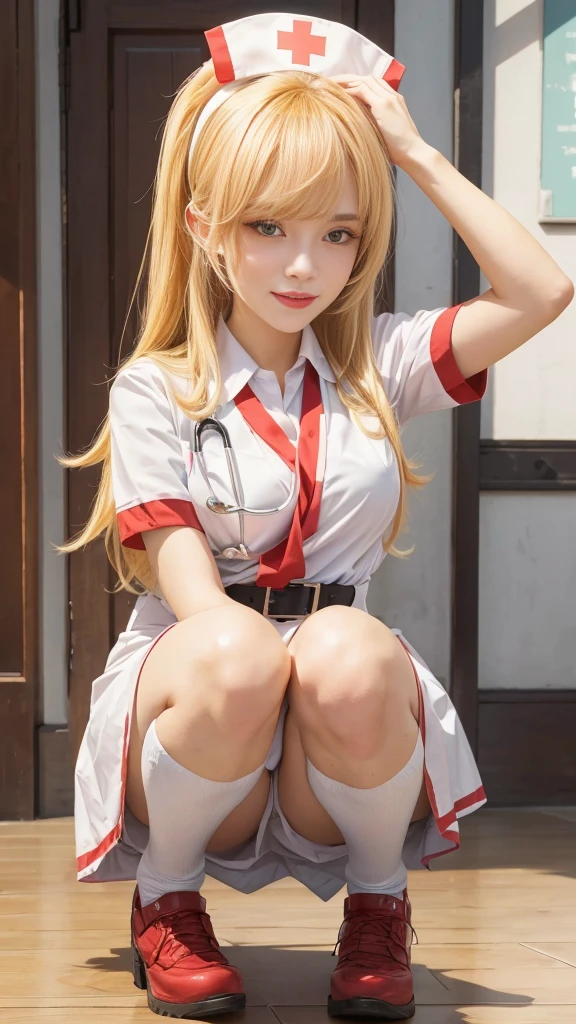 A character kneeling wearing a nurse's hat, Girl is crouching, , beautiful girls squatting, Seductive girls, a Surreal , Attractive girl, Surreal, (?Super cute face, Idol Face)), Anime Best Girl, Young girl, cute girl, ((Japanese beautiful girl:1.2, , Baby Face:1. (Naughty Style), belt, loafers, ((Sexy grey underwear is visible:1.1)), ((Shy expression:1.3, blush)), (Highest quality, 8K, masterpiece:1.2, RAW Photos), ((Detailed eyes and face, Professional photography techniques, Cinema Lighting))