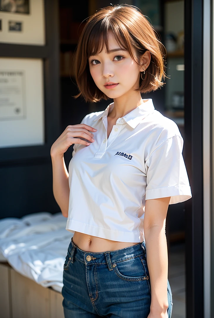 ((Are standing、Medium Short Hair、服の上からでもわかるBig Breasts、Both hands are in front of the navel、A photo showing pants through a short polo shirt、roll up one's shirt with one's hands、She is wearing a white polo shirt and luxurious white panties.、:1.4))、In the living room、Cream hair color、Her huge breasts are obvious even through her clothes....、Small earrings、Light brown hair color、:1.4))、Shiny Hair、Light beige hair color、Background Blur、Light brown hair、{{Cowgirl Shot}}、((Close-up shot from the waist up、Big Breasts:1.4))、Big Breasts、にっこりsmile、服からでも分かるBig Breasts、Cowboy Shot、素敵なsmile、((Revealing clothing))、Full body photo、ring、Tuck your hair behind one ear、Silver Necklace、smile、Caustics、Highly detailed photos、Big Breasts、Super no makeup、(8K、RAW Photos、Highest quality、masterpiece:1.2)、(Realistic、Realistic)、1 Girl、((Big Breastsショートヘア、Looking into the camera:1.4))、Hair blowing in the wind