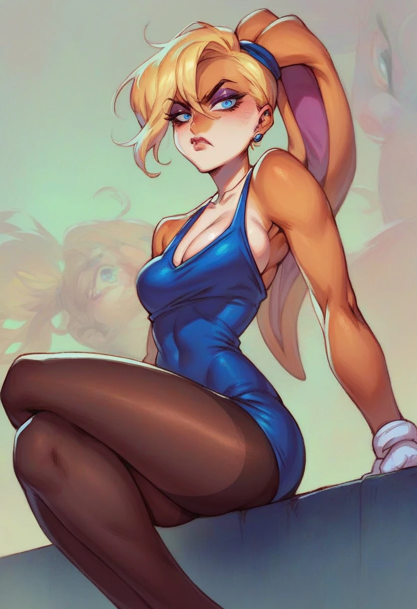 Lola bunny(stunning, bombshell, gorgeous), detailed face, mean, scolding, displeased, intimidating, threatening, red creamy full lipstick, long blonde hair, purple metallic eyeshadow, blue eyes, wearing brown glossy pantyhose, detailed legs, detailed pantyhose fabric, black shiny nylon elbow gloves, black silky lycra nightgown, fine details, masterpiece natural beauty posing seductively for the viewer,((extra glossy double layer pantyhose)) black shiny elbow gloves,((sitting)), (low angle shot) close-up, side view ((Flicking away huge glob of snot)), ((looking down to the wiever)), aroused, side view, natural beauty,