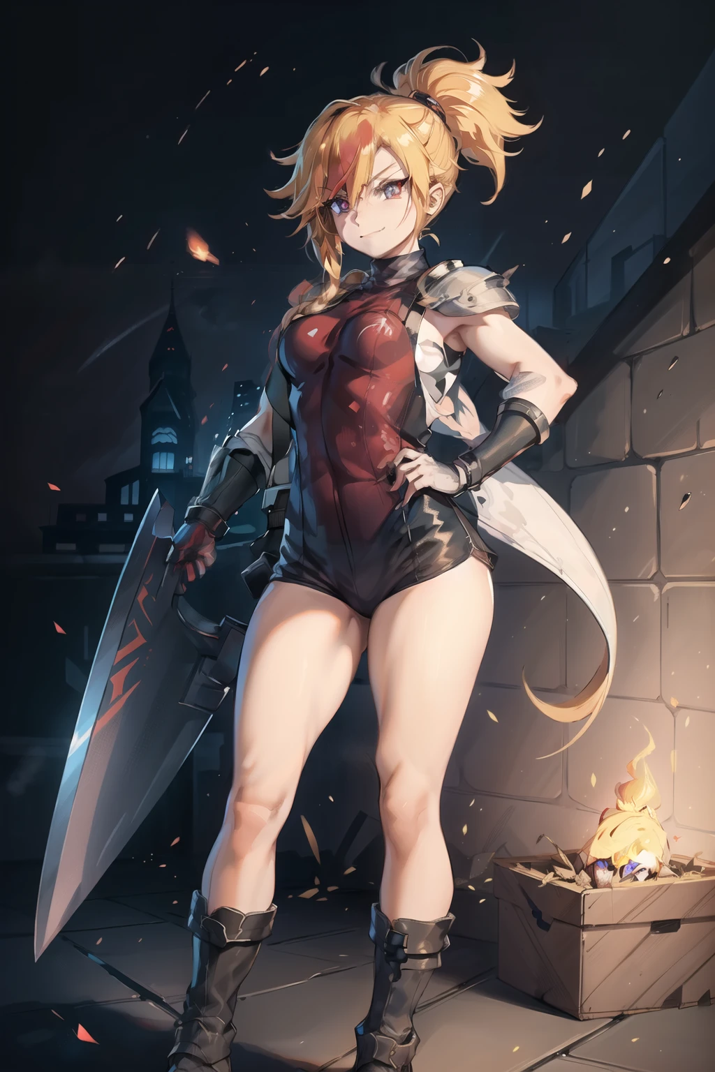 (masterpiece, best quality:1.2), red glowing eyes, perfect face, highres, 1 girl, solo, ultra long ponytail, (female:1.5), strife, blonde hair, shoulder armor, sleeveless turtleneck, suspenders, belt, gloves, bracer, evil smile, standing, portrait, looking at viewer, giant sword on the back, long leather boots, fullbody shot