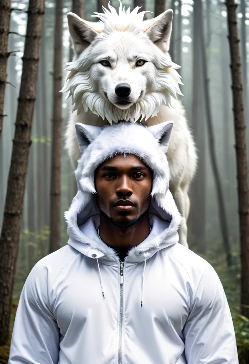 black man in a white wolf outfit on top of his head to a wolf head
