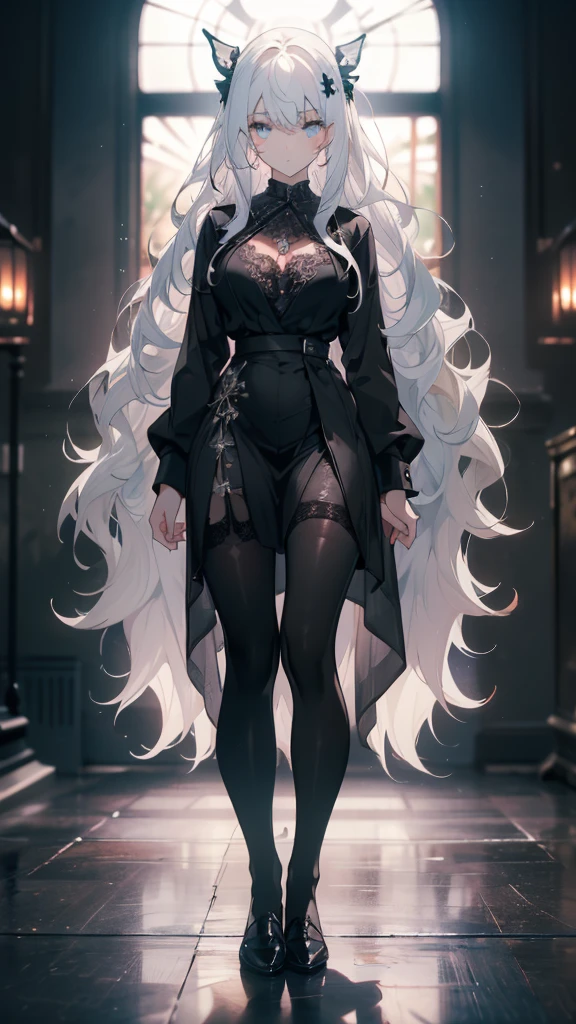 ((masterpiece, best quality)), Delicate face,High School Suit,JK style,Full body painting,Perfect body proportions,Large Breasts,Long legs,((Long wavy hair)), ((Half of her hair is white,The other half is black,Available in two colors)),beautiful eyes,Fantasy style,Extremely beautiful,transparent,Erotic_lingerie,Lace,Pantyhose
