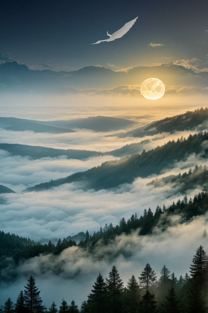 White horse with wings in the sky flying over the lake with lots of fog, full moon night, forest and ruins
