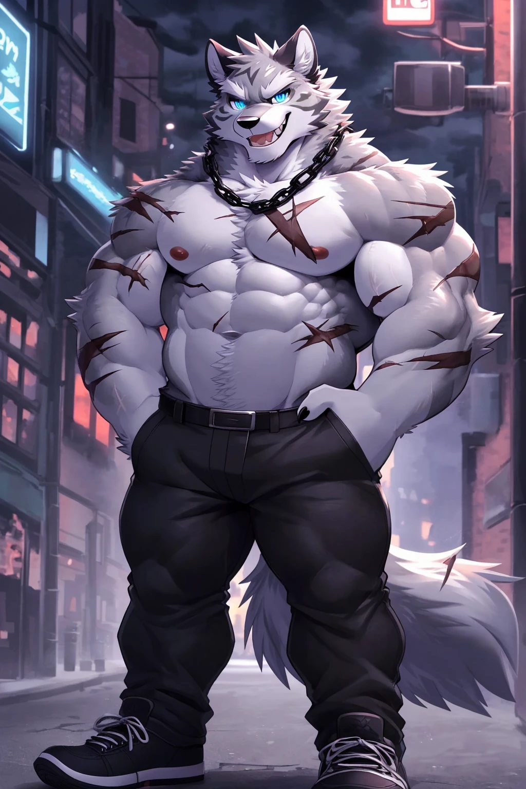 (sfw:1.5), male focus, Handsome 1boy, solitary，protrait photo, 红色的Tongue, (White thick eyebrows:1.3)，single, (Black nails, Black claws:1.4), Gray hair, Gray skin, (Gray tail:1.4), White Teeth, Delicate teeth, Perfect Teeth, (Perfect blue eyes:1.4), (Gray body:1.3), 
Gray Wolf, feet, grey wolf, wolf boy, wolf body, (evil eyes, big eyes, large eyes:1.4), Tongue, Wolf Tail, (Chubby, The body is huge, Larger face:1.3), 
(Black chain around neck:1.4) , (Black leather belt:1.3), (Wearing black pants and black sneakers:1.4), (Lots of scars, lots of scars, Lots of scars:1.3), 
(full body:1.3), (Middle-aged men,Mature men:1.4), (Strong body, muscle,Strong male, muscle男, Bare chest muscles:1.3), Red nipples, (Abdominal muscles:1.4), belly button, (bare arm, Thick arms:1.3), (Standing:1.3), win sway, Agitated, Squint, Charming, charming, (Looking at the audience, Focus, Eyes gaze:1.1), enjoy, (open mouth:1.4), (evil smile, evil grin, Smirk, evil smile, Evil smile:1.5), (One hand in pocket:1.4), 
full background, street, confusion, Street Lights, (heavily clouded, cloudy day, remote and desolate, Dim environment:1.3),
Mysterious and romantic atmosphere, Caustic lines(refraction, polarization)Perfect anatomical structure, absurd, Detailed background, (Delicate eyes:1.3),Printing style。((artist:Takemoto Arashi))