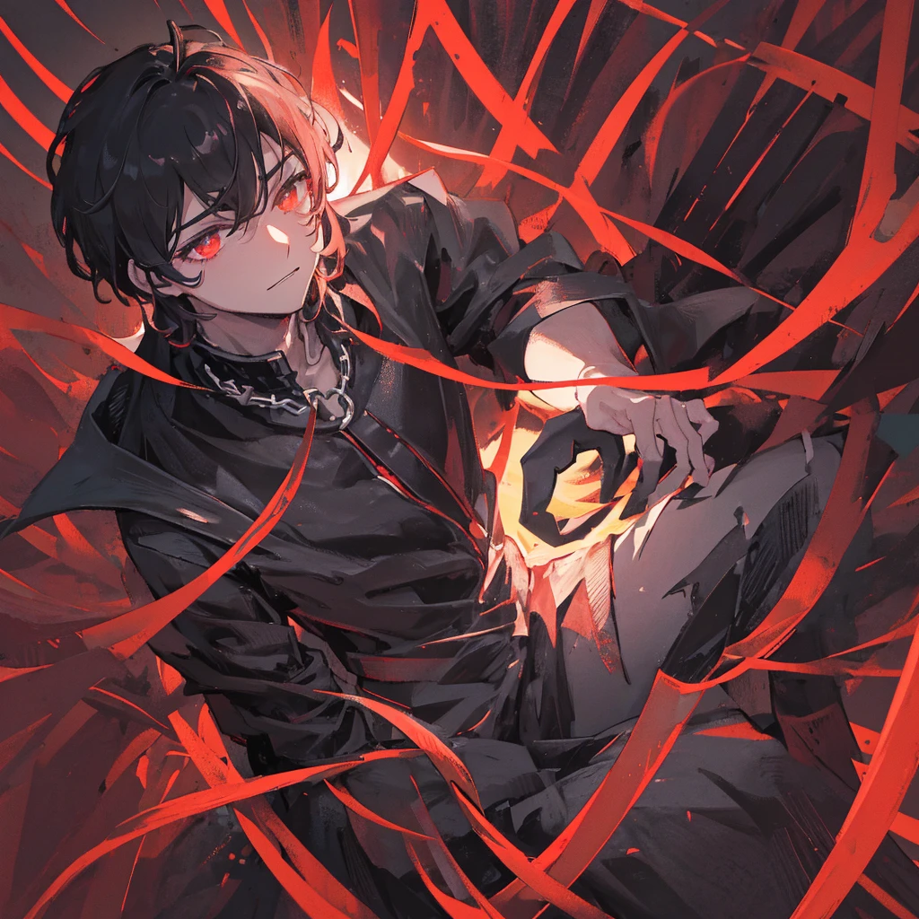 A male god，dark，Black clothes，Dark Ability，short hair，Black-red tones，((Pure black background))