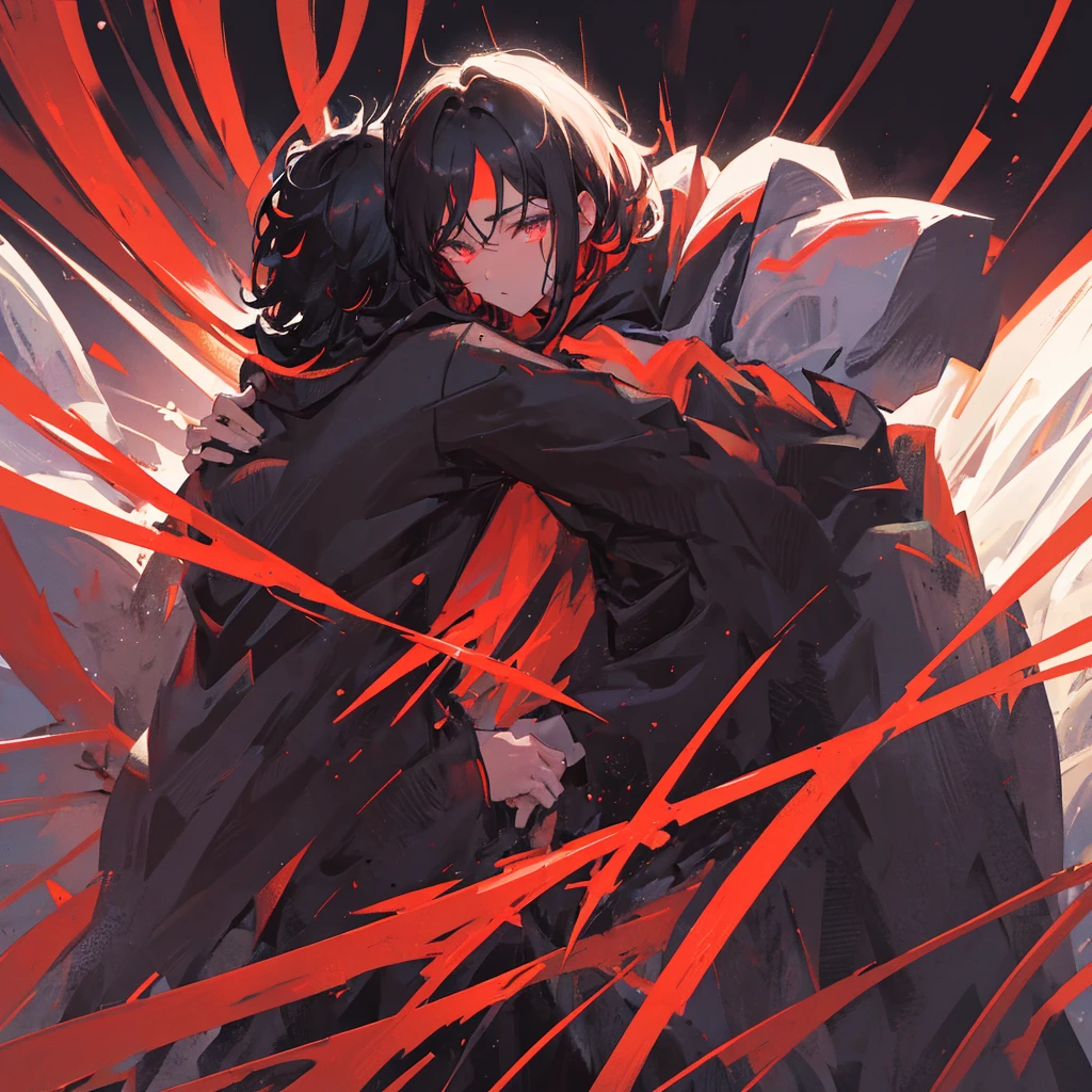 A male god,dark,Black clothes,Dark Ability,short hair,Black-red tones,((Pure black background))