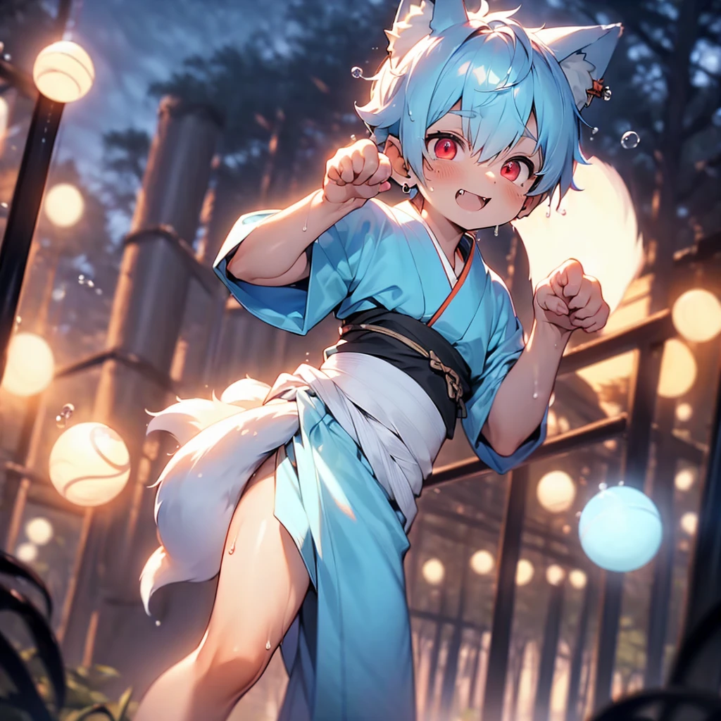 (solo:2), (boldline:-1.7), (paw pose:1.4), (arched back), ((bubble)), (standing:1.5), (spread legs:1.3), (((fang))), (((best finger))), BREAK (best quality:1.5), (absolutely resolution:1.5), (ultra detailed:1.5), (masterpiece:1.5), (perfect face), (detailed face), (detailed eyes), (best eyes), (cute face), (shota:2), BREAK (blue kimono:1.5), BREAK (white loincloth:1.5), (fox ears:1.5), (fox tail:1.5), (see throgh wet clothes:1.3), (bulge:1.6), (skinny:1.3), BREAK (light blue hair:1.5), (spiked hands), (wine red eyes:1.4), (eyes with highlight:1.6), ((mole under eye)), (sweaty skin), (chuckling:1.5), ((earrings)), (shiny skin:1.3), BREAK (forest:1.5), (blun orbs:1.5), (((at night))), ((wind blowing)), ((nipple)), (abs), groin,