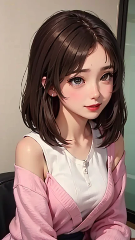 blush a little and smile, (Top quality masterpiece:1.2) Delicate illustrations, Very detailed, /Beautiful Japanese Women、1 person,Very cute and slim、Great style 、((8K images、super high quality))、Very delicate face, Skin and Hair、beautifule forehead、Red lipstick、(((((Shortcuts、Brown Hair))))),Very cute Japanese cut face、Eyes and nose are clearly visible、Kind eyes