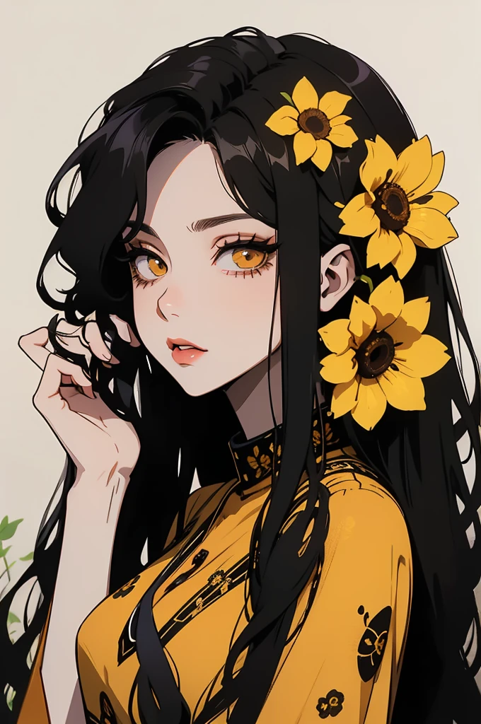 A beautiful woman, long wavy black hair, brown eyes, yellow dress with black details, and bee and flower prints 