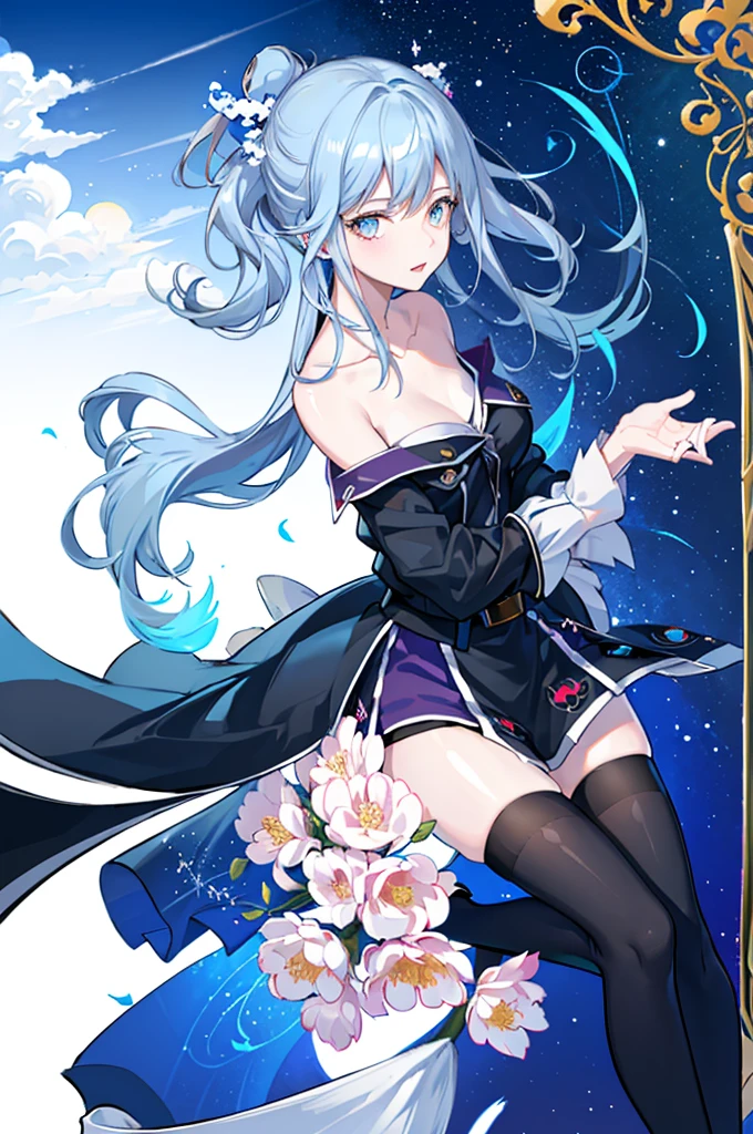1girl,  solo, outdoors, long hair, holy place, Original,(Illustration:1.1),(Best Quality),(masutepiece:1.1),(the Extremely Detailed CG Unity 8K Wallpapers:1.1), (Colorful:0.9),(mid-shot:0.95),(extremely detailed beautiful face),(Solo:1.2), (girl),(((Lori))), (Detailed beautiful eyes:1.15), (Beautiful face:1.15), (Glowing blue eyes:1.25////),(((sky blue Long Hair))),(two side up),(+perfect hand+:1.21),(Draw illustration of Japan priestess costume),(slender),(White pleated skirt),(Gothic),((black thighhighs)),(frilld),(Beautiful Slender Lolita Girl),hallowween,standing, girl,,  girl,foggy place,vampire,sky blue hair,((full body,whole body)),((black thighhighs)),((black thighhighs)),