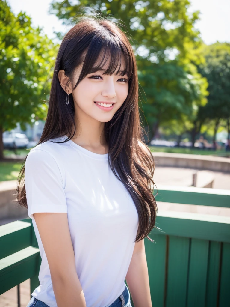 One Girl,Beautiful Model , Instagram (photoRealistic, High resolution:1.4), ((Puffy eyes)), View your audience, , whole body (8K, RAW Photos, Highest quality, masterpiece:1.2), (Realistic, photo-Realistic:1.37),(Sharp focus:1.2), Professional Lighting, Photon Mapping, Radio City, Physically Based Rendering, (Realistic skin:1.2),( ), View your audience, (Medium Hair:1.5),, Purple eyes, (Silver Hair:1.1),bangs, (Park Background:1.4), alone, Realistic,(masterpiece:1.4),(Highest quality:1.4),(Shiny skin),Stylish girl,Compensate,smile(skinny,Mouth closed,shy :1.3) , shoulder,Full Color:1.1),whole bodyショット,T-Shirts ,jeans,Medium Bust,Sexy pose , information