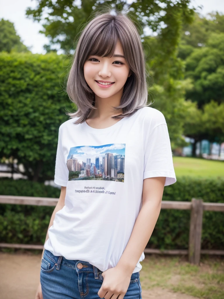 One Girl,Beautiful Model , Instagram (photoRealistic, High resolution:1.4), ((Puffy eyes)), View your audience, , whole body (8K, RAW Photos, Highest quality, masterpiece:1.2), (Realistic, photo-Realistic:1.37),(Sharp focus:1.2), Professional Lighting, Photon Mapping, Radio City, Physically Based Rendering, (Realistic skin:1.2),( ), View your audience, (Medium Hair:1.5),, Purple eyes, (Silver Hair:1.1),bangs, (Park Background:1.4), alone, Realistic,(masterpiece:1.4),(Highest quality:1.4),(Shiny skin),Stylish girl,Compensate,smile(skinny,Mouth closed,shy :1.3) , shoulder,Full Color:1.1),whole bodyショット,T-Shirts ,jeans,Medium Bust,Sexy pose , information