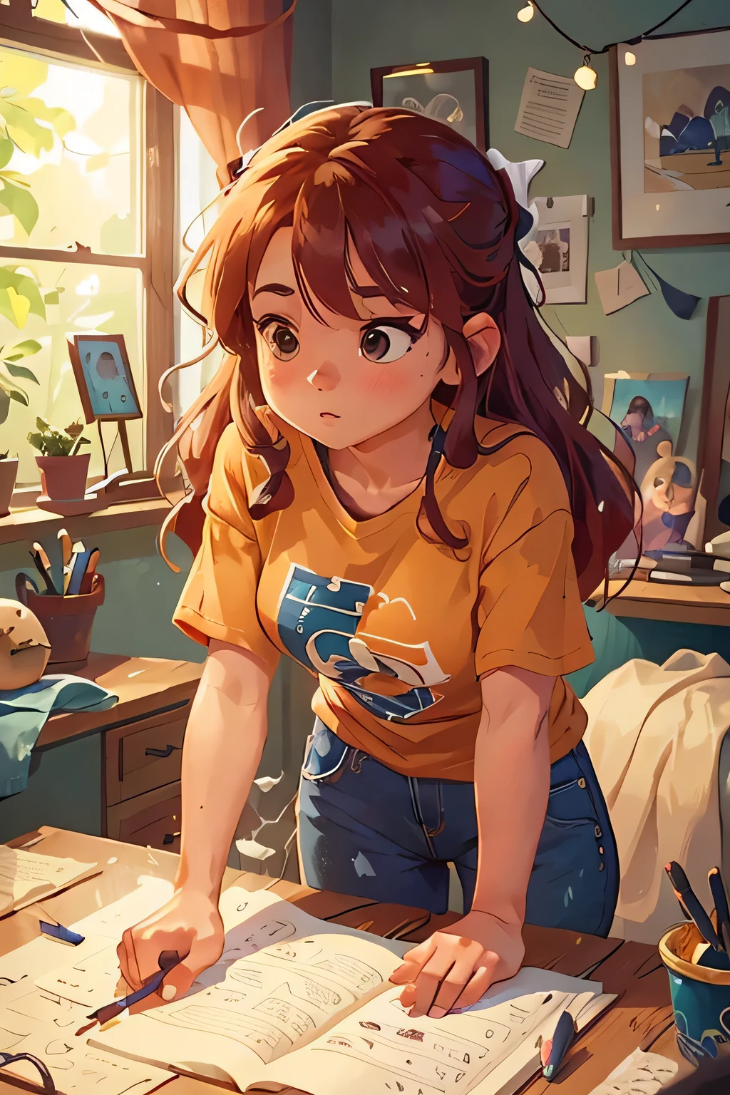 In the intimate confines of her bustling studio, a mesmerizing scene unfolded with a girl whose allure was a masterful interplay of colors and creativity. Her vibrant red hair cascaded in soft waves around her face, catching the studio lights in a fiery embrace. Dressed in a sunny yellow t-shirt that radiated warmth against her skin, she exuded a sense of focused determination. Below, her relaxed blue pants flowed effortlessly, mirroring the calm ambiance of her creative sanctuary.

As she leaned over her work, her hands moved with purpose, brushing strokes of inspiration onto the canvas before her. Each stroke revealed her artistic vision, every movement a testament to her meticulous attention to detail. In this close-up view, her eyes, bright and full of passion, sparkled with the joy of creation, framed by the subtle play of light and shadow in the studio. She embodied the essence of beauty and creativity, a captivating blend of color and artistry in the heart of her creative space.