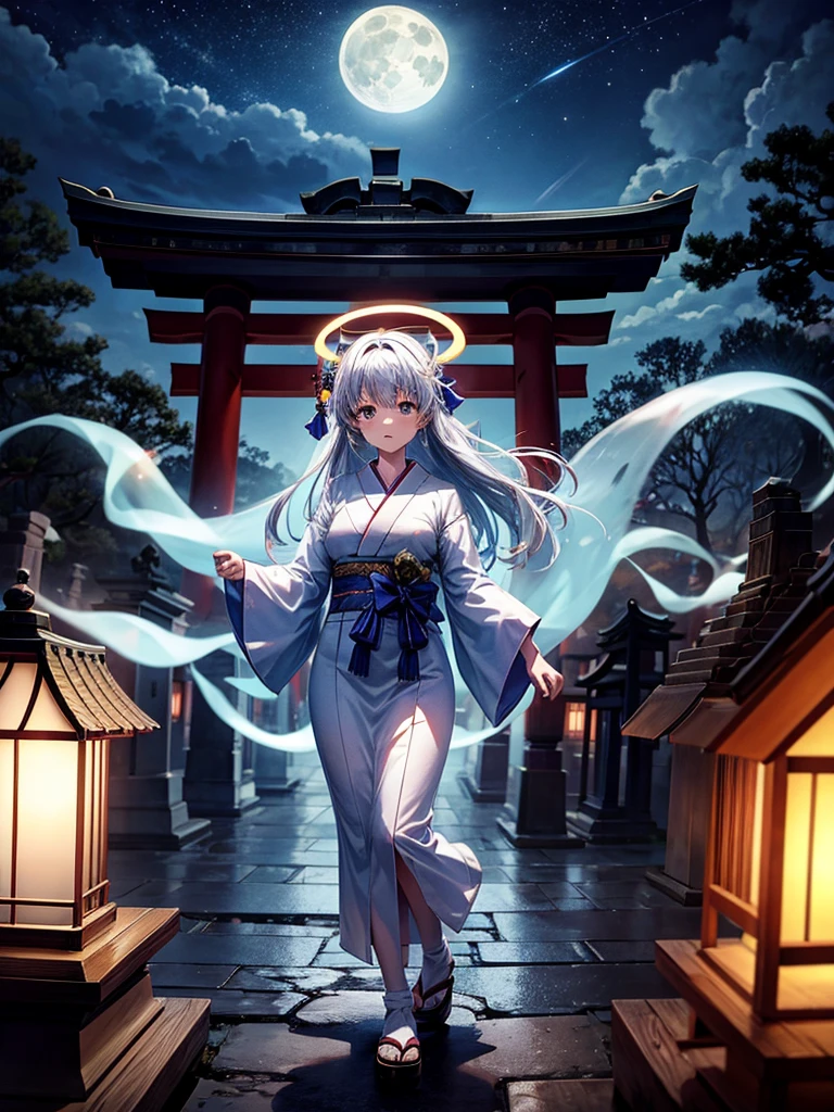 Highest quality,Highest Resolution,Cemetery at night,Ghost Girl,Japan,Lots of ghosts,Shrine maiden costume,full moon,Halo,