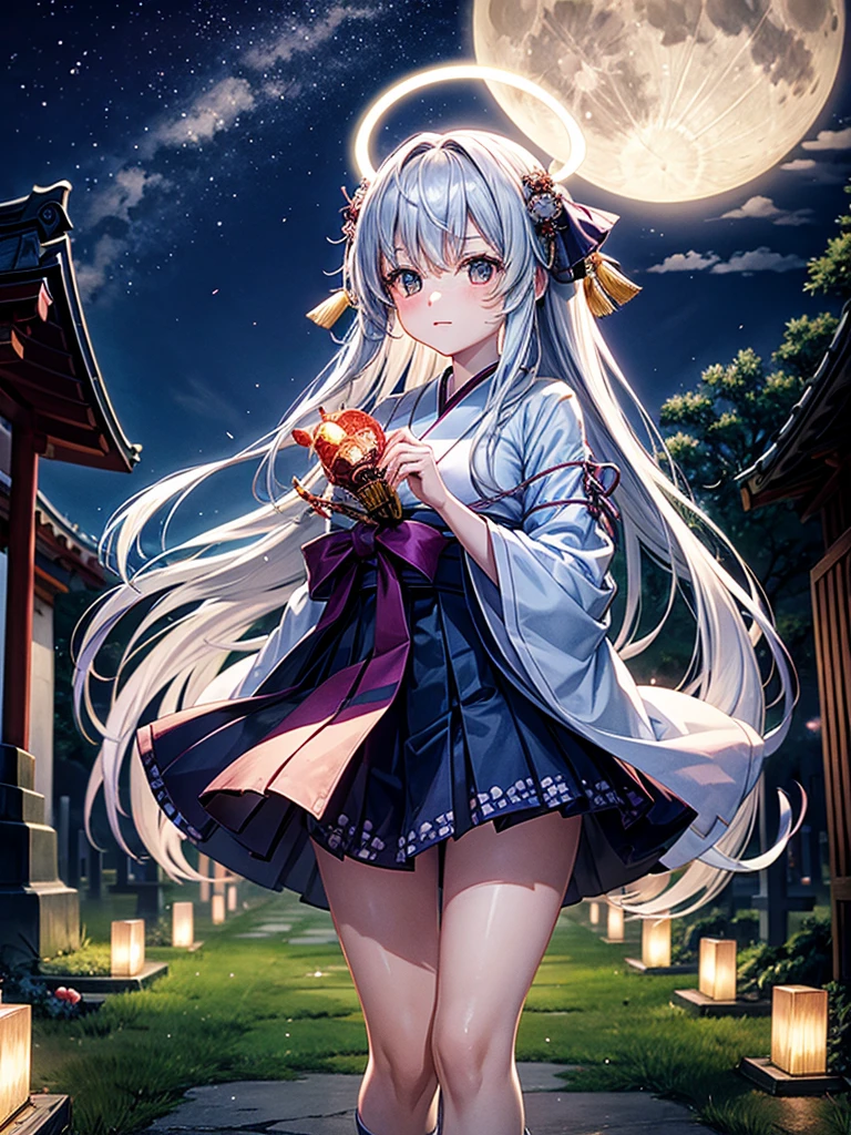 Highest quality,Highest Resolution,Cemetery at night,Ghost Girl,Japan,Lots of ghosts,Shrine maiden costume,full moon,Halo,