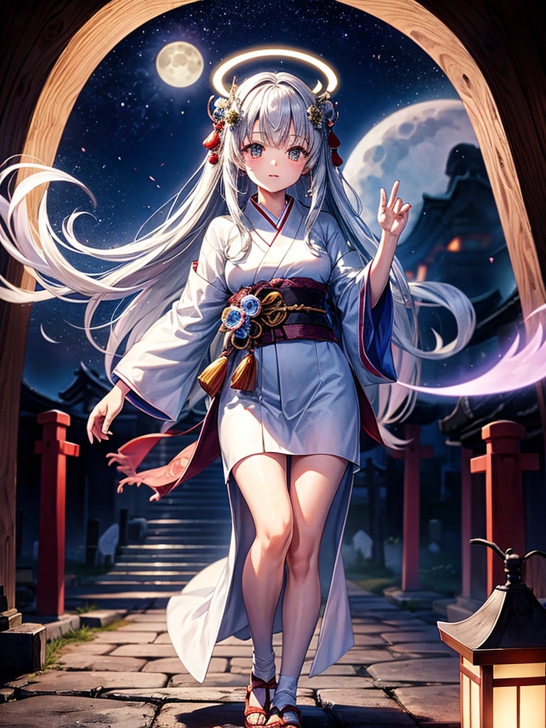 Highest quality,Highest Resolution,Cemetery at night,Ghost Girl,Japan,Lots of ghosts,Shrine maiden costume,full moon,Halo,