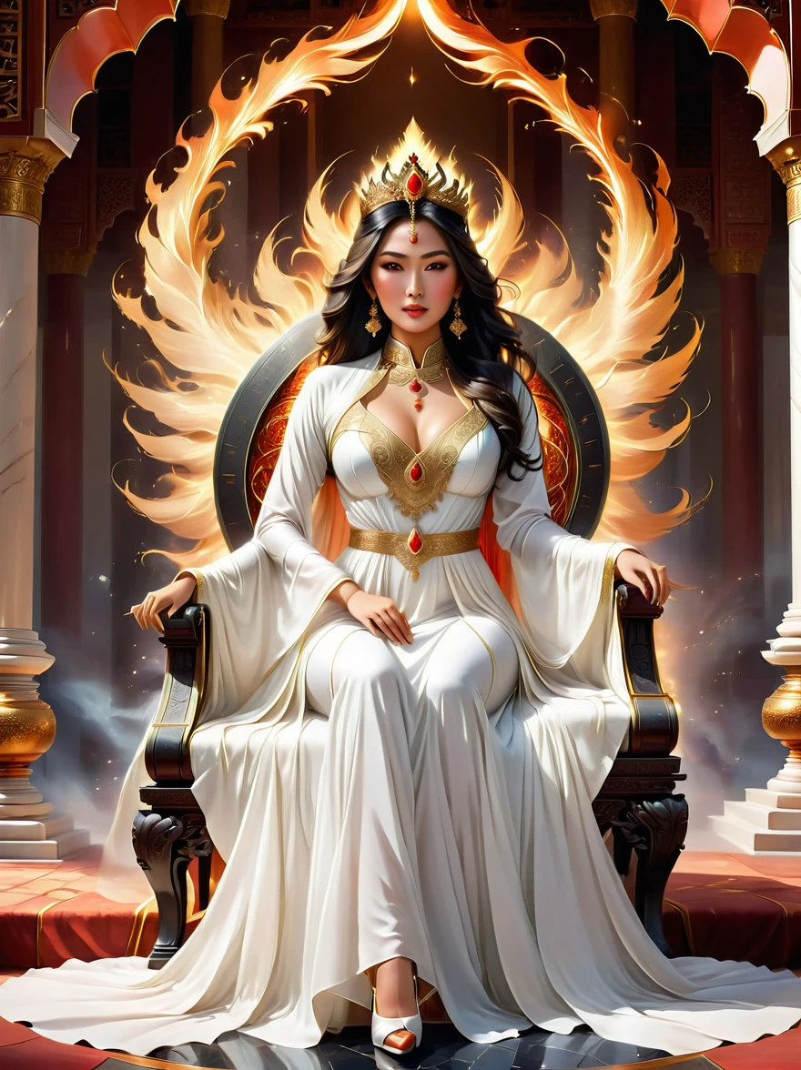 A breathtaking Asian woman adorns a white flowing dress that glows with an aura similar to fire and lightning. Seated confidently on a throne in a city akin to a divine kingdom, her outfit exudes an elegant sophistication inspired by high fashion. Her effulgent crown mirrors her fiery grandeur. An Arabic man, symbolic of a celestial figure, is dressed in immaculate white attire and sits adjacent to her. The throne room is decorated with a grand well constructed from immaculate white marble and precious gems. Within this well is the miniature spectacle of the Earth, basking in her radiant aura.
