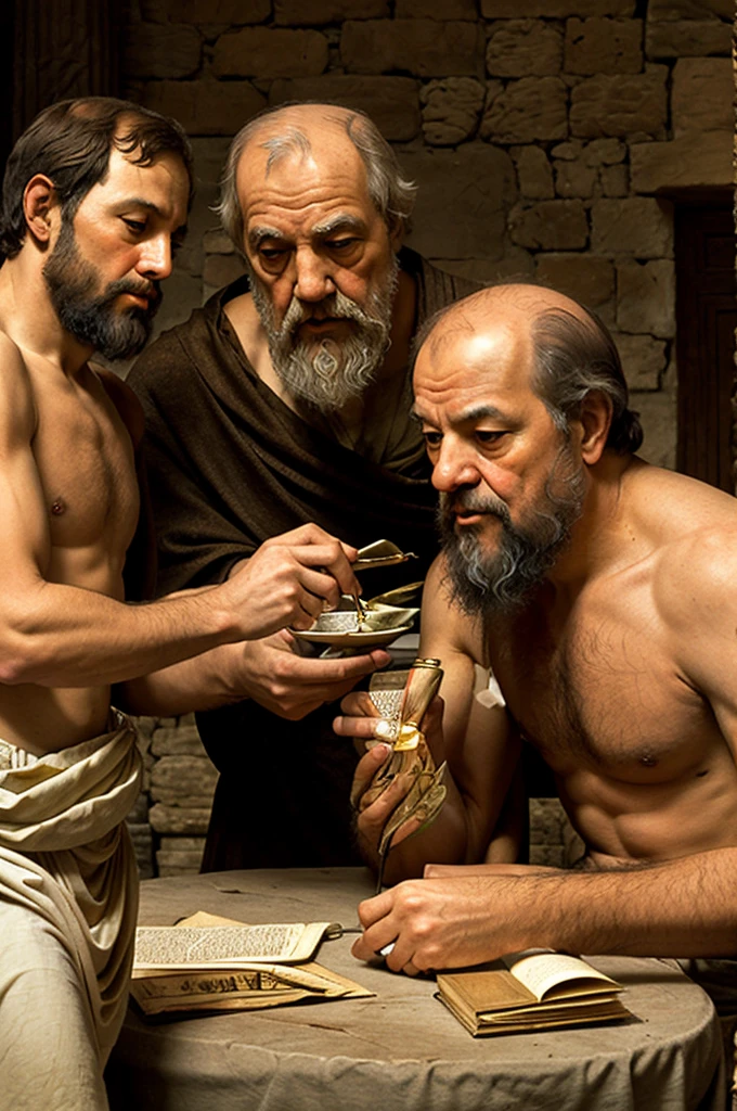 Aristotle, plato and socrates telling secrets at a table