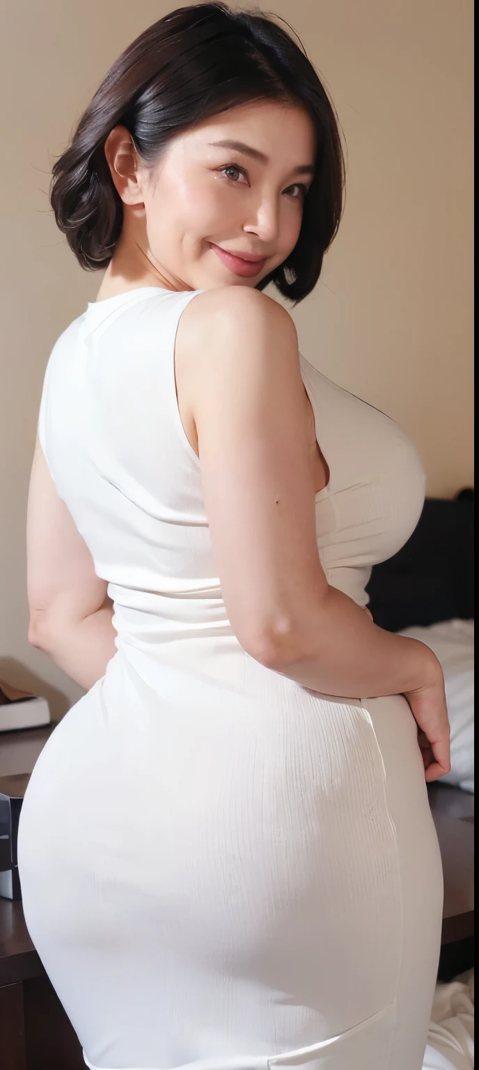 ((The most beautiful and sexy mother in Japan))、((A face that has a maternal, motherly feel))、((A kind face with worried eyebrows))((Beautiful black bob hair))((Wearing a sleeveless high-necked top))、((The hottest slightly saggy breasts in Japan))、((A body that fulfills all sexual desires))、((Super erotic))、((In the bedroom))、((32K ultra-high definition))、((A body like a gravure idol))、((Perfect Body))、((Thin, tight-fitting high-neck dress))、((White dress))、((Extremely soft breasts))、((Nice breasts that can be seen even on top of clothes))、((Purunpurun's))、((A sleeveless dress that fits perfectly and shows off the shape of your buttocks))、((Turn your ass towards me))、((Obscene Armpits))、((With an angelic smile))、((Stick your ass out here))、((A clothed buttocks that shows the crack of the buttocks))