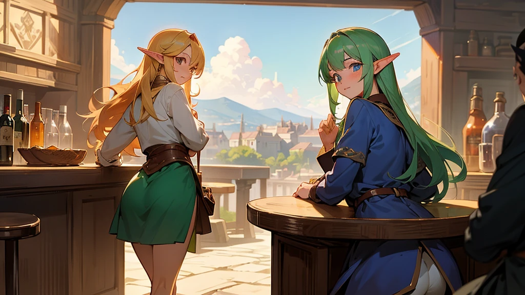 Anime Style,Nostalgic,Detailed background,The medieval world,A lively bar with lots of people,Beautiful sky,A beautiful bard elf girl looking back at me,big buttocks sticking out,I can see the distant scenery