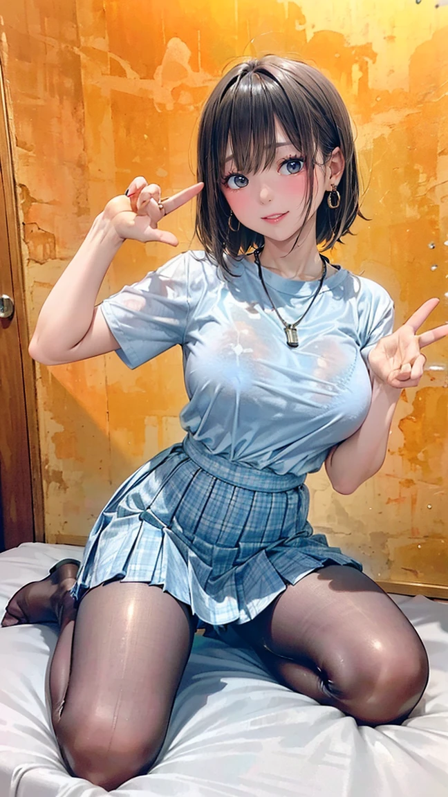 Highest quality, masterpiece, formal, Movie atmosphere、、(Key Light:Front tilted 45 degrees, Subsidy light、Backlight、Shadow、Blue and orange color palette), Precision human body、Know it all、Correct five fingers、
(Sweat dripping、Oily skin,きらきらGlowing Skin、Realistic skin texture、Delicate and beautiful skin、Glowing Skin、Glowing Skin)
(Great students, Perfect Eyes:1.2), (Reflexive、Wrinkles、Shiny clothes:1.2), Sparkling, Sparklingした金色, (Hoop Earrings), necklace, Attractive and perfect female proportions, Cute Smile, Fine surface texture, high school girls、Captivating woman、(/Black Hair/、Straight Very Short Hair)、((Large Breasts)), Large Breastsの谷間、Gallon 1、high school girl、High 、/White shirt+Black pleated skirt/、((/Rich accessories/)), Late Night、Hotel at night、Sitting on the bed、(Scattered Money:1.5)、Dark Room、Dim and cold light、(Hands off pose:1.5), Spread your legs、Fishnet tights、