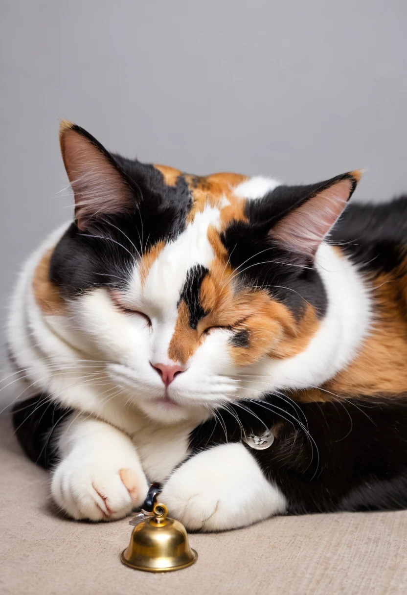 Adorable fat calico cat　Sleeping with eyes closed and belly exposed　There is a bell on the collar