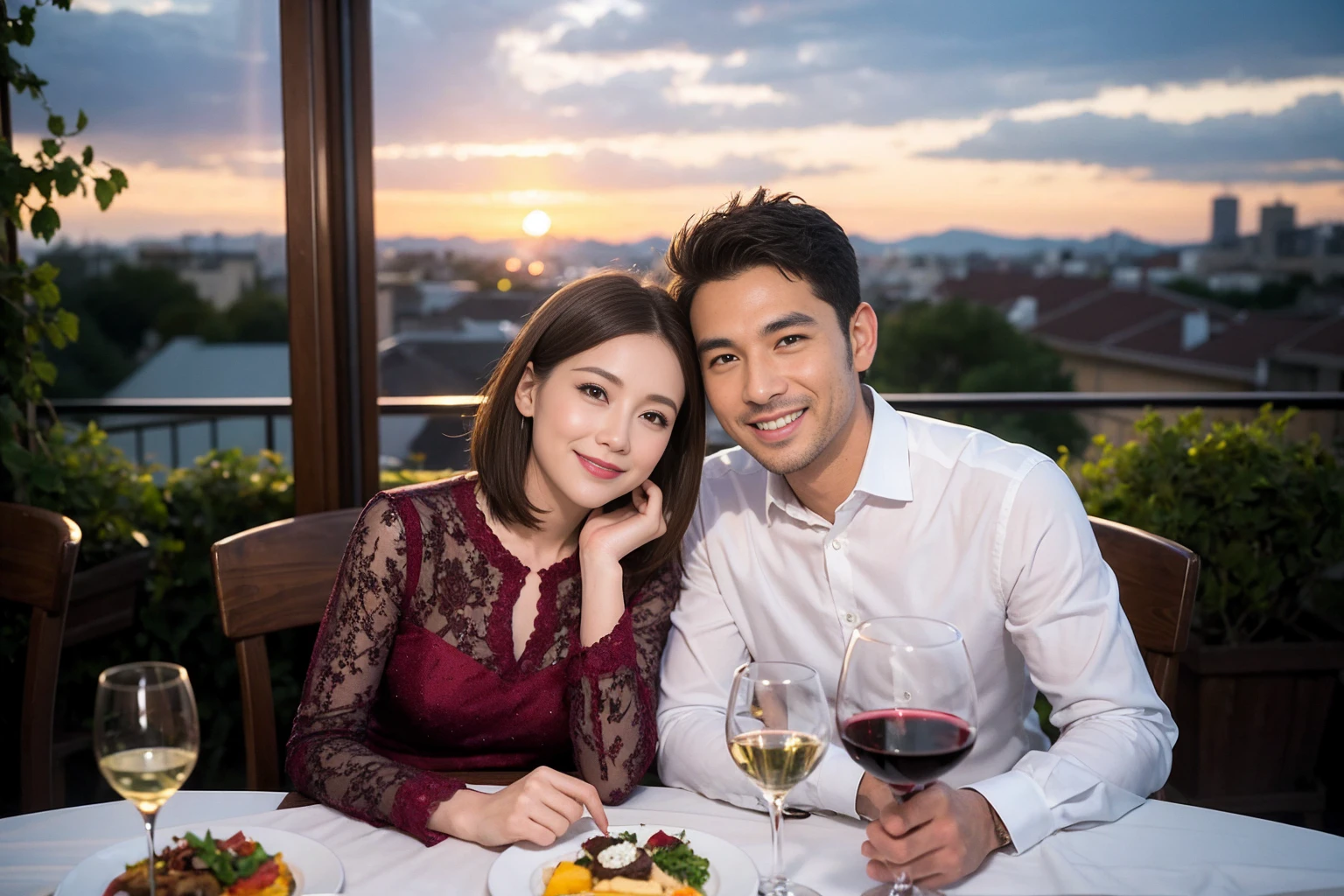 ((Highest quality、8K、masterpiece:1.3))、 (Genuineistic, Genuine、Bright image、Intricate details:1.2), 最高のsmile 男性1人 女性1人、Beautiful couple、spouse、Relatives and friends、spouse、actress couple、smile、Full-course dinner at a packed table、 (Slim face), (the body is slim), (Brown Hair), (short hair), テーブルのwine glass、Please shine a light on my face、 Amazing view of the sunset sky and clouds、33 years old)38 years old, red wine 、Appetizers、Wine bottle、sparkling wine、Long sleeve shirt、dress、White wine, red wine, wine glass,