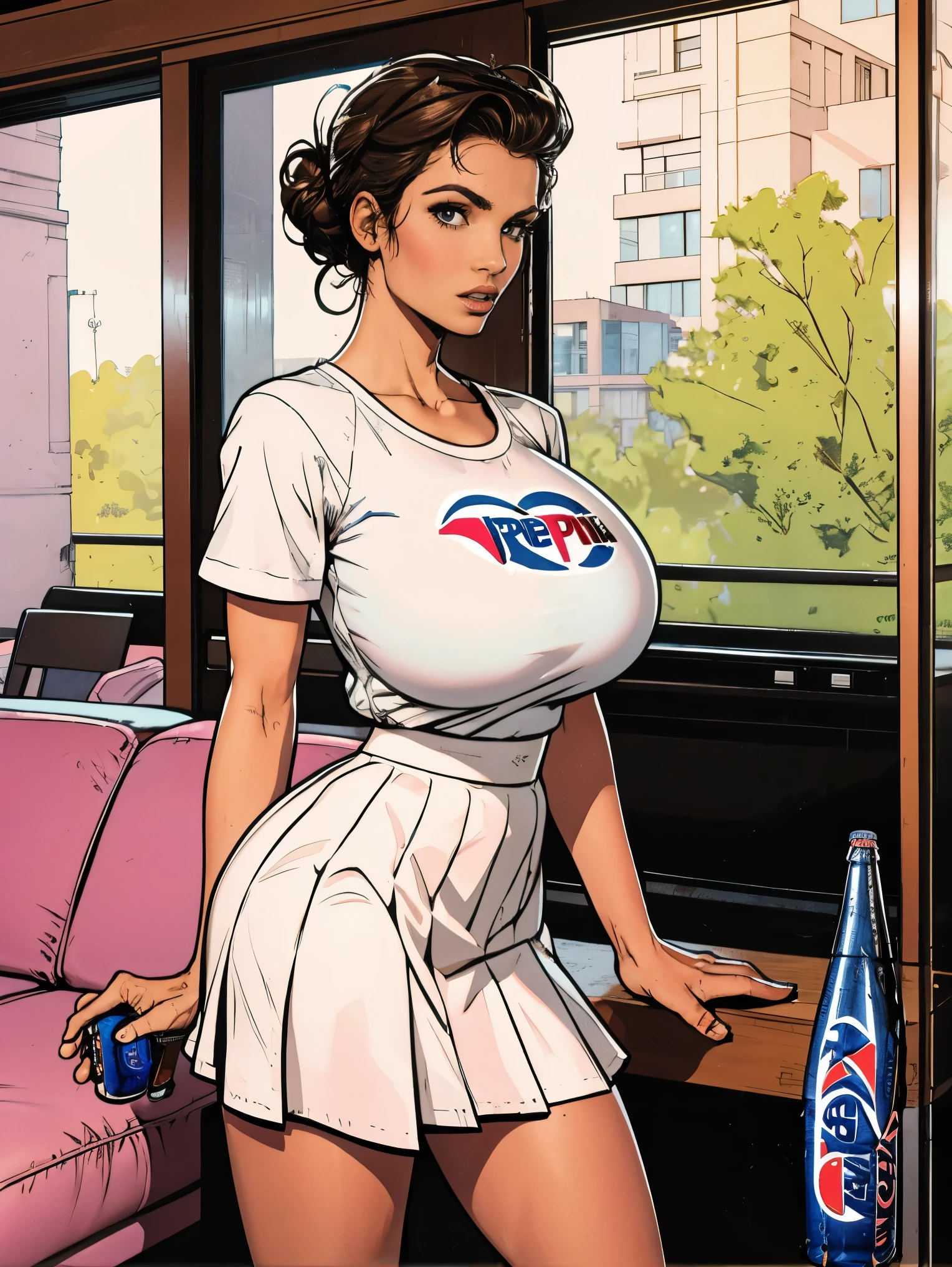 Extremely busty thin and toned brunette photographer, college girl, fair skin, loose updo, soft face, athletic, white top, pink skirt. standing by a sliding glass door, living room, windows ((Pepsi can))