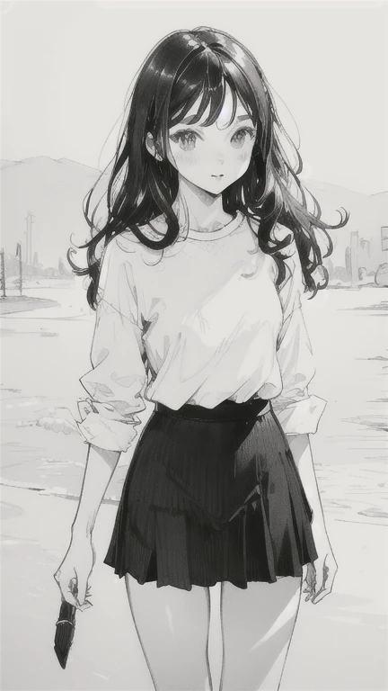 One Girl,Line art,Monochrome,sketch,Pencil drawing,Traditional Media,One Girl, skirt,Cute age Girls, ,Beautiful portrait、Delicate body、Black Hair、Black Hair,landscape
