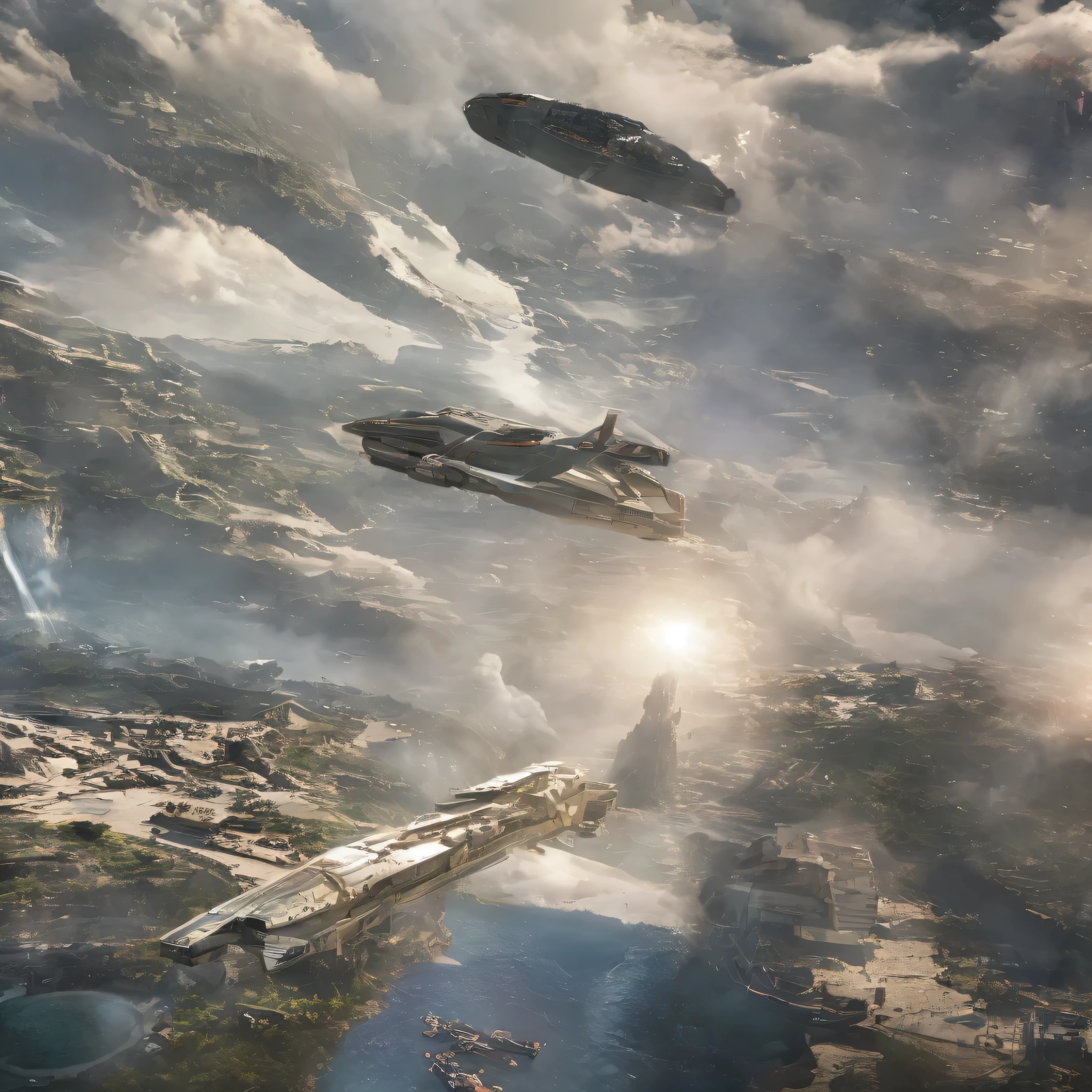 A spaceship lands on a platform at the top of a very tall futuristic building. Pilots around the ship and in the distance a gigantic futuristic city, in the middle of mountains and plains. Lots of vegetation and water. Birds flying and a blue sky with lots of clouds. Humid atmosphere and lots of sunlight. maximum quality, beautiful, master piece, Rendering, mil, high resolution realistic texture, filmic grain, cinematic