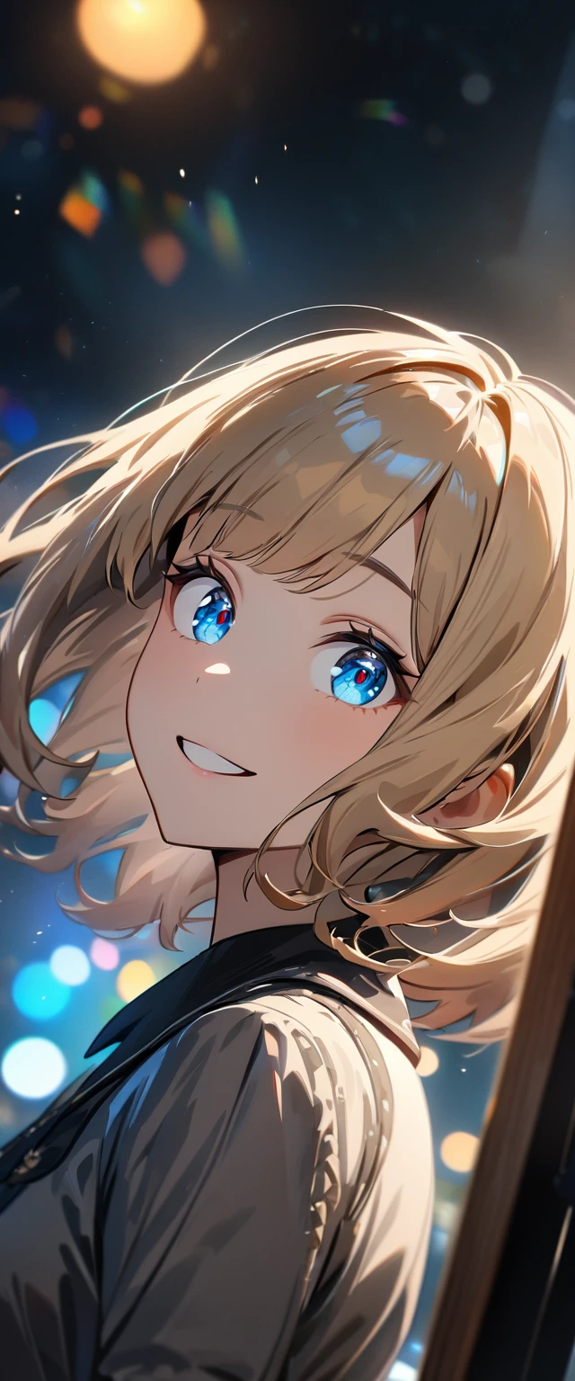 (((One girl))), Shibuya, blond hair, bob cut, ((upper body)), (looking at viewer), breasts, teenager, head tilt:1.3, (((blue eye))), constricted pupils, (from side:1.3), ((happy smile)), gothic lolita:1.3, hair ornament, hair ribbon, anime style, (best quality, 4k, 8k, highres, masterpiece:1.2, ultra-detailed, ultra-detailed eyes, HDR, UHD, studio lighting, ultra-fine painting, sharp focus, physically-based rendering, extreme detail description, professional, vivid colors, bokeh)