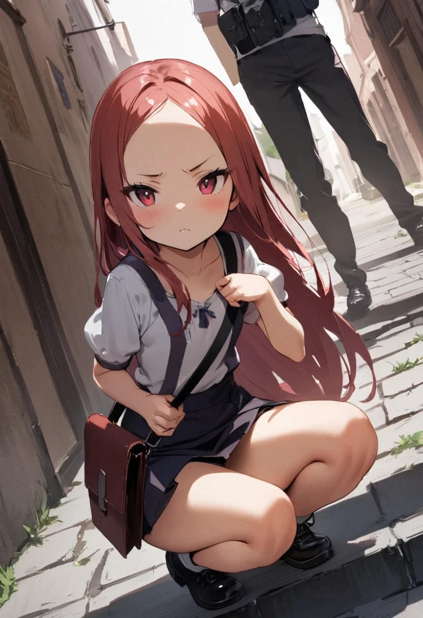 squatting,open legs、Legs２Book、Panties with horizontal stripes、M-shaped legs、Spread your legs、sit on the step、In town、bustling street、cap、Shoulder bag、mini skirt、Private Server、Girl、Girl、Younger、Baby Face、flat chest、forehead、Dynamic Angle、Squinting、Glaring、ground
